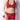 Woman wearing a red halter top and skirt with a plain background