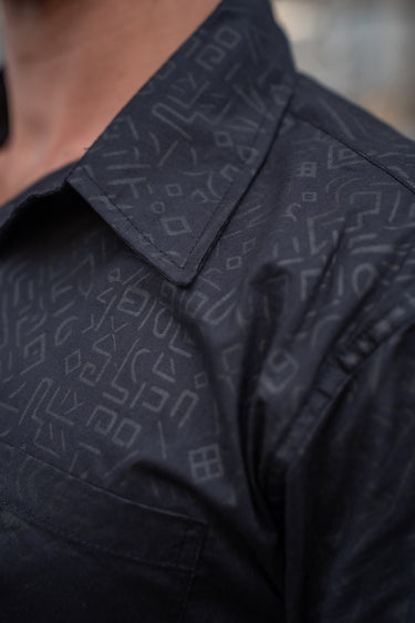 Black Runic Print Button down Shirt, collar and print close-up