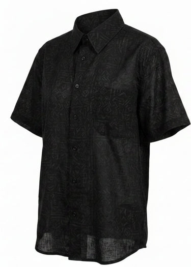 A black short-sleeve button-up shirt with a subtle tonal geometric pattern, shown against a plain white background.