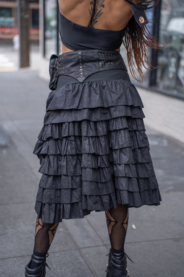 Black Runic Chinatsu Ruffle Skirt with tiered ruffles, back view