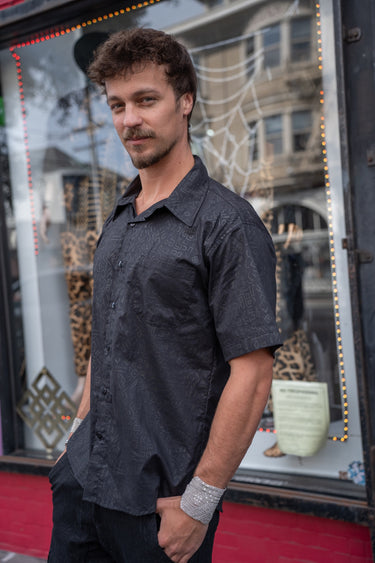 Black Runic Print Button down Shirt, front view