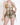 Gold leather fringe bra and gold leather mini skirt