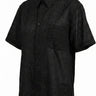 A black short-sleeve button-up shirt with a subtle tonal geometric pattern, shown against a plain white background.