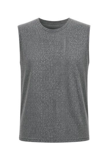 A sleeveless crewneck tank top in dark gray, featuring an all-over tonal geometric pattern.