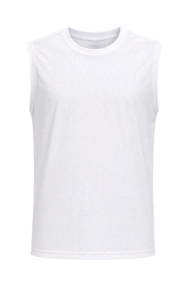 A white sleeveless crew-neck t-shirt displayed on a clean white background.