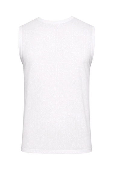 A white sleeveless crewneck tank top with a subtle textured pattern, shown against a plain white background.