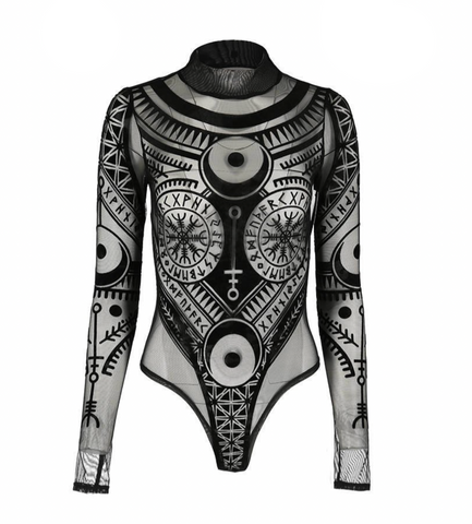 Mesh Gothic Bodysuit - Runic motif