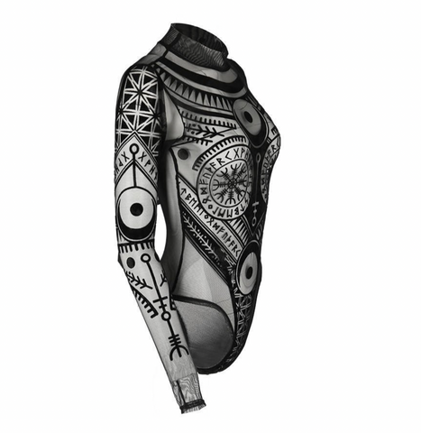 Mesh Gothic Bodysuit - Runic motif