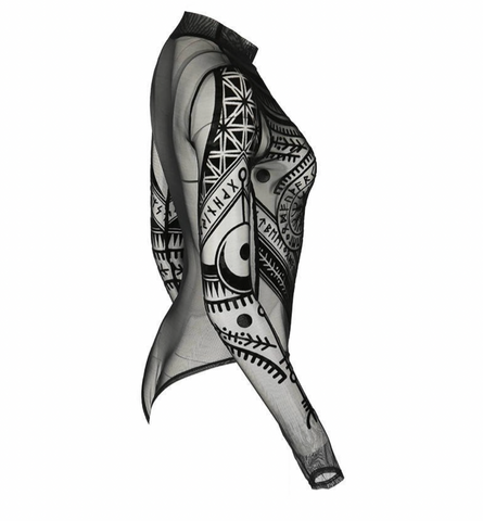Mesh Gothic Bodysuit - Runic motif