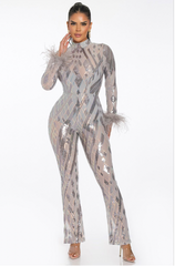 Sleeved Sequin and Feather Jumpsuit