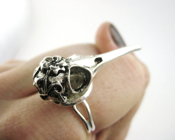 Silver Bird Skull Ring - Macabre Jewelry - Wiccan Pagan Ring