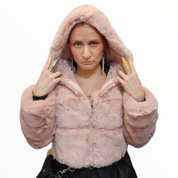 Cropped faux fur hoodie