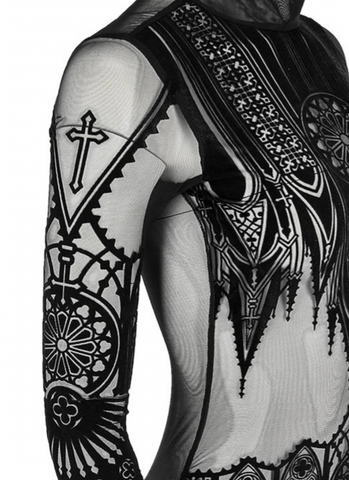 Sheered  Mesh Gothic Bodysuit - Cathedral motif