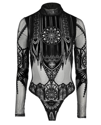 Sheered  Mesh Gothic Bodysuit - Cathedral motif