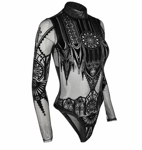 Sheered  Mesh Gothic Bodysuit - Cathedral motif
