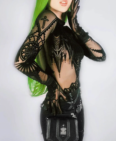 Sheered  Mesh Gothic Bodysuit - Cathedral motif