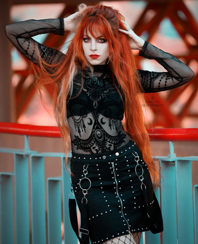 Sheered  Mesh Gothic Bodysuit - Jewel Bat motif