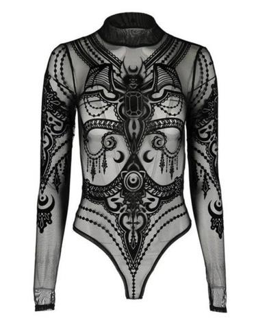 Sheered  Mesh Gothic Bodysuit - Jewel Bat motif