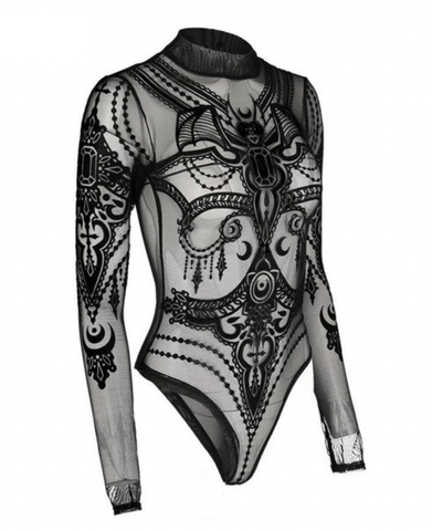 Sheered  Mesh Gothic Bodysuit - Jewel Bat motif
