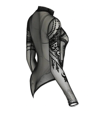 Sheered  Mesh Gothic Bodysuit - Jewel Bat motif