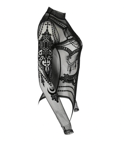 Sheered  Mesh Gothic Bodysuit - Jewel Bat motif