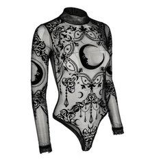 Sheered  Mesh Gothic Bodysuit - Cresent Motiof