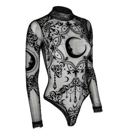Sheered  Mesh Gothic Bodysuit - Cresent Motiof