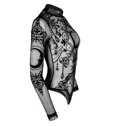 Sheered  Mesh Gothic Bodysuit - Cresent Motiof
