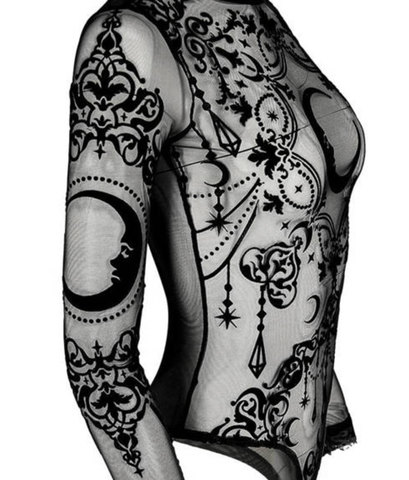 Sheered  Mesh Gothic Bodysuit - Cresent Motiof