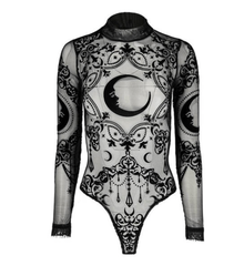 Sheered  Mesh Gothic Bodysuit - Cresent Motiof
