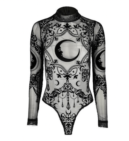 Sheered  Mesh Gothic Bodysuit - Cresent Motiof