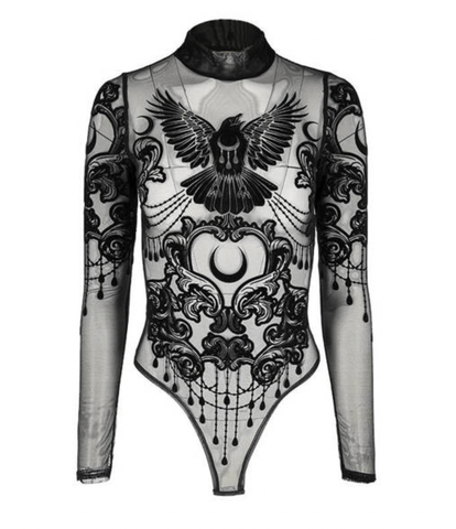 Sheered  Mesh Gothic Bodysuit - Raven motif
