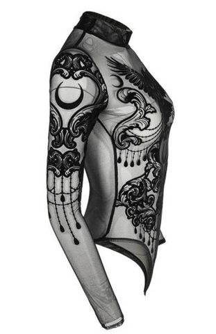 Sheered  Mesh Gothic Bodysuit - Raven motif