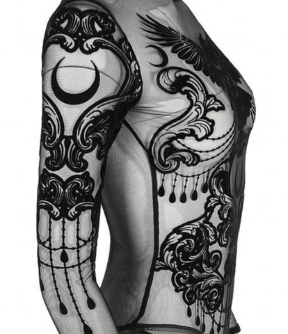 Sheered  Mesh Gothic Bodysuit - Raven motif