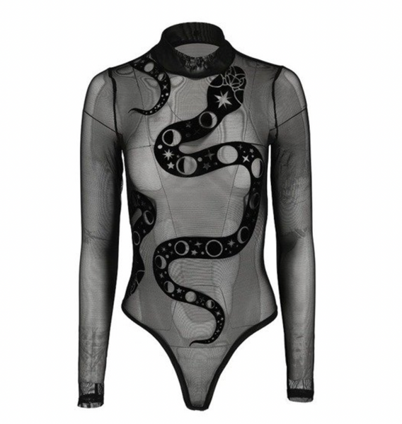 Sheered  Mesh Gothic Bodysuit - Snake motif